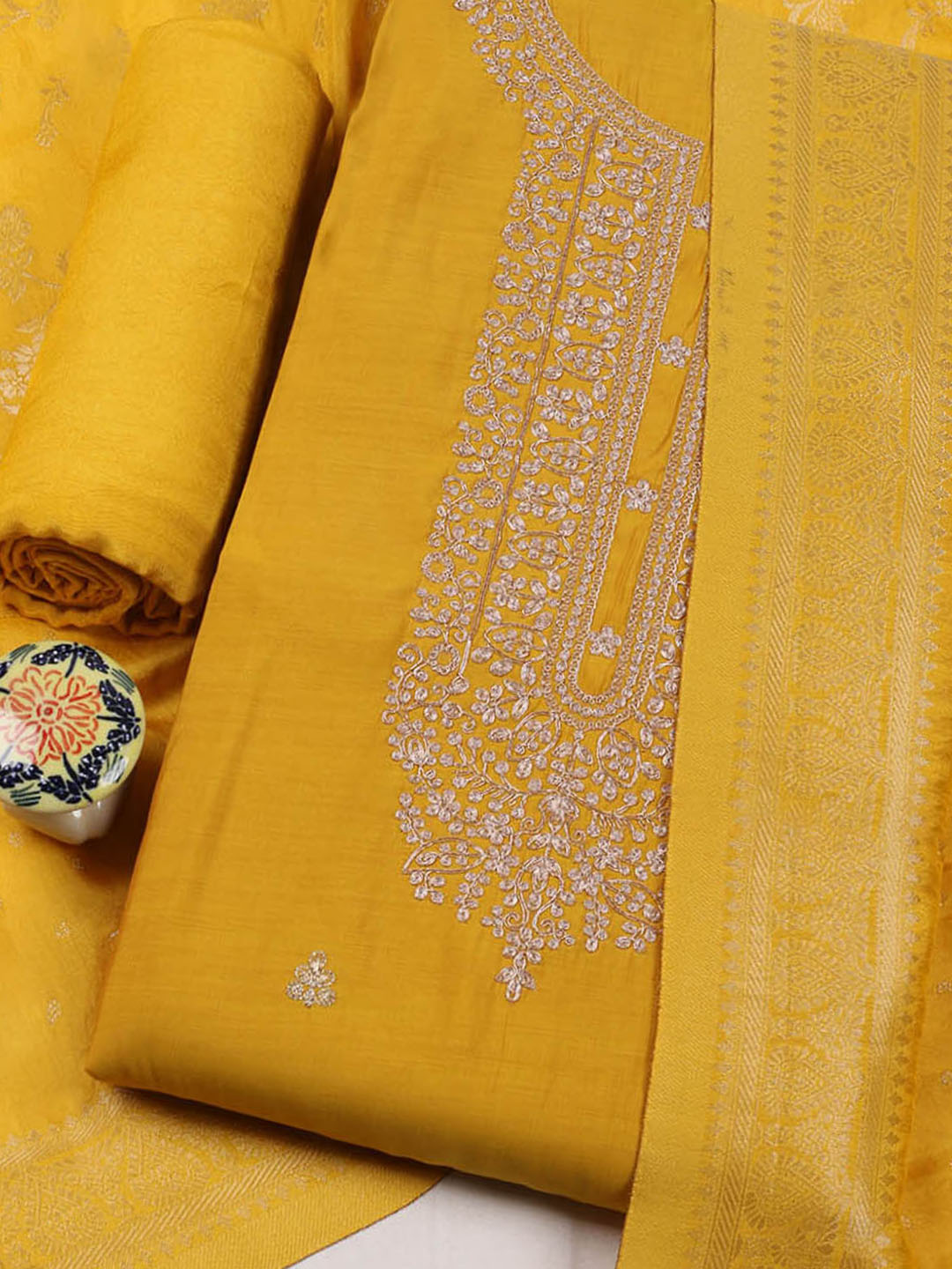 Embroidered Chanderi Unstitched Suit With Pant &amp; Dupatta