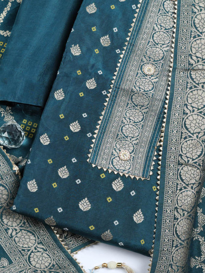 Embroidered Chanderi Unstitched Suit With Pant &amp; Dupatta