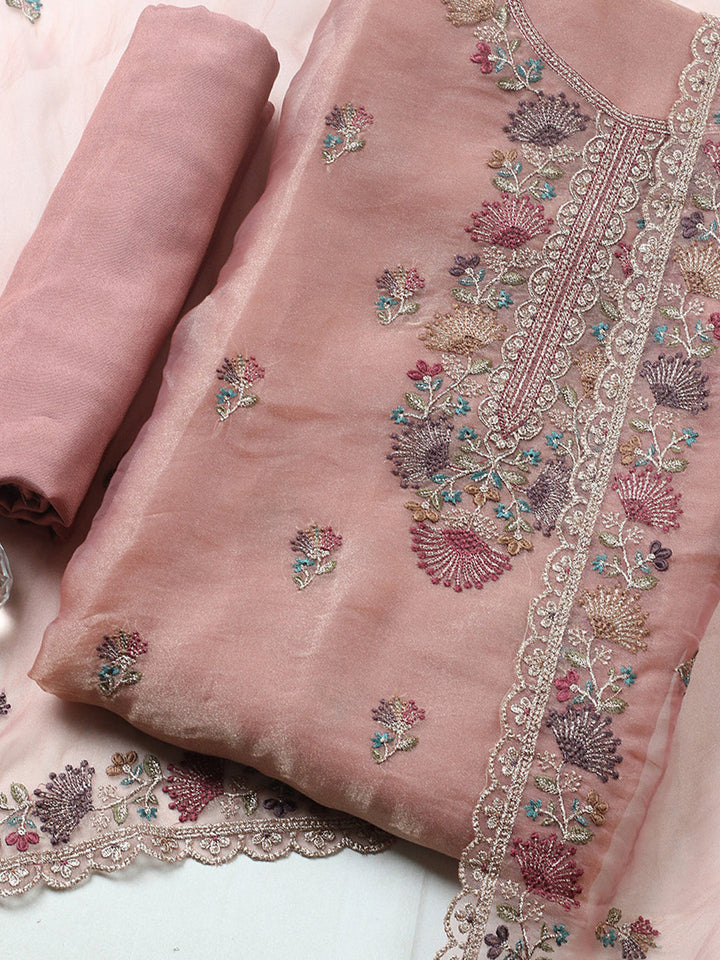 Embroidered Organza Unstitched Suit With Pant &amp; Dupatta
