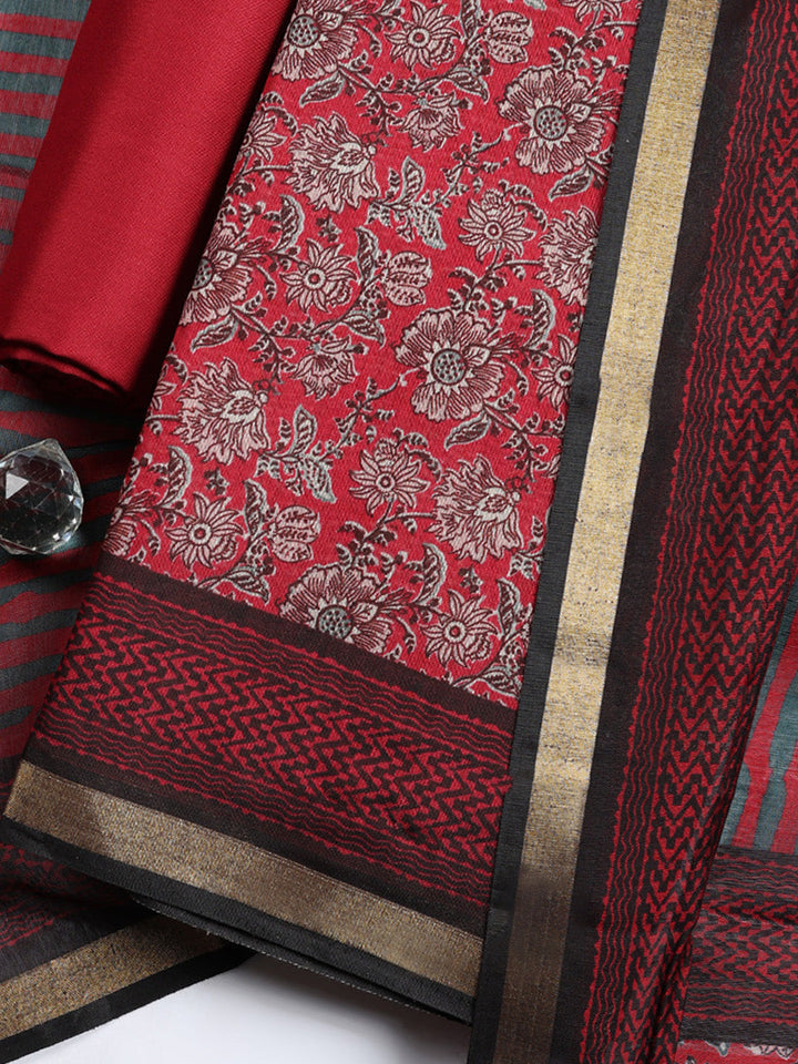Printed, Cotton Blend Unstitched Suit With Pant &amp; Dupatta