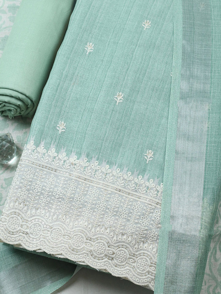 Embroidered Linen Blend Unstitched Suit With Pant &amp; Dupatta