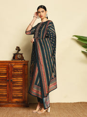 Printed Cotton Blend Peacock Blue Suit With Pant & Dupatta
