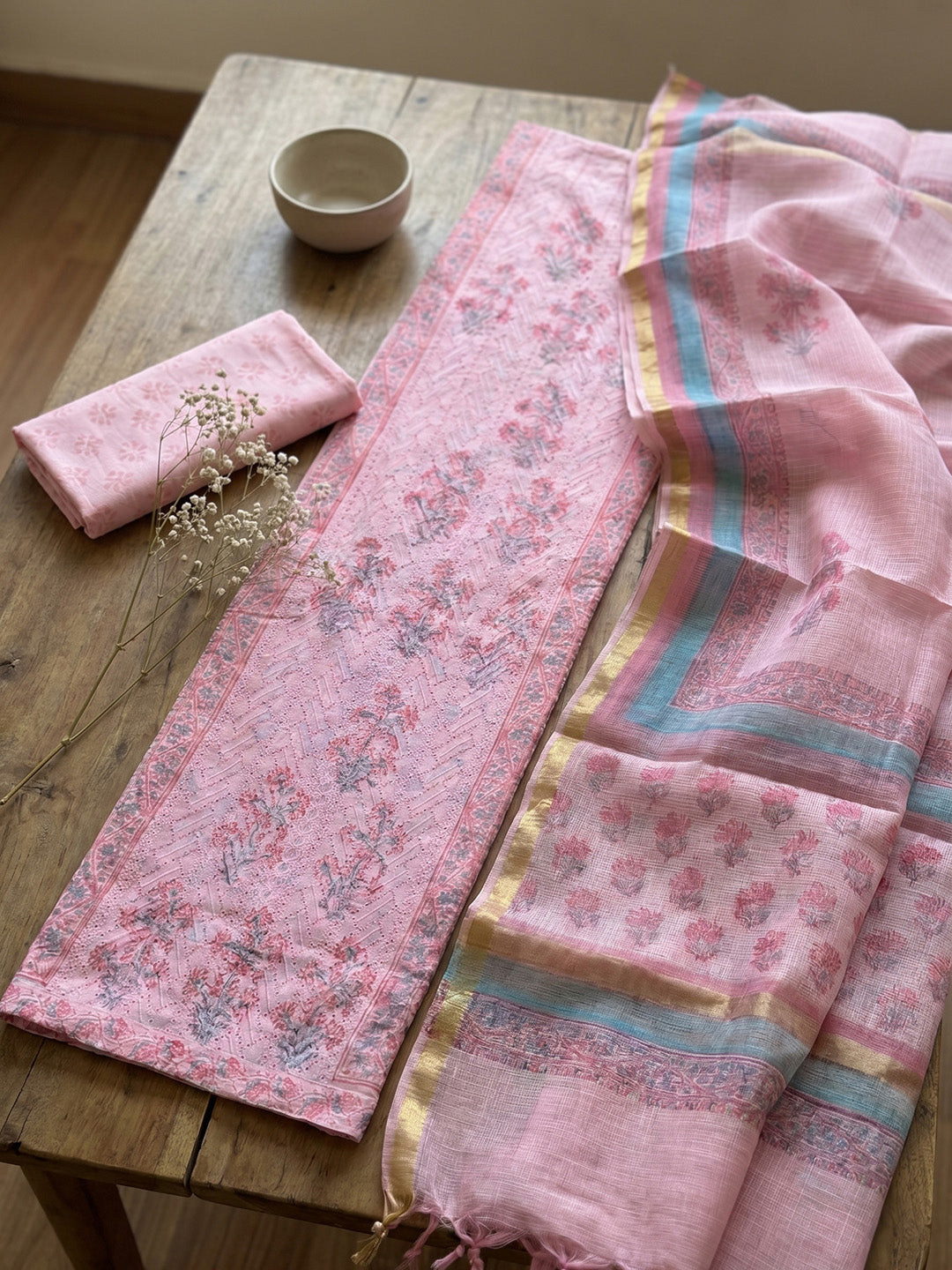 Printed Cotton Blend Unstitched Suit With Pant &amp; Dupatta