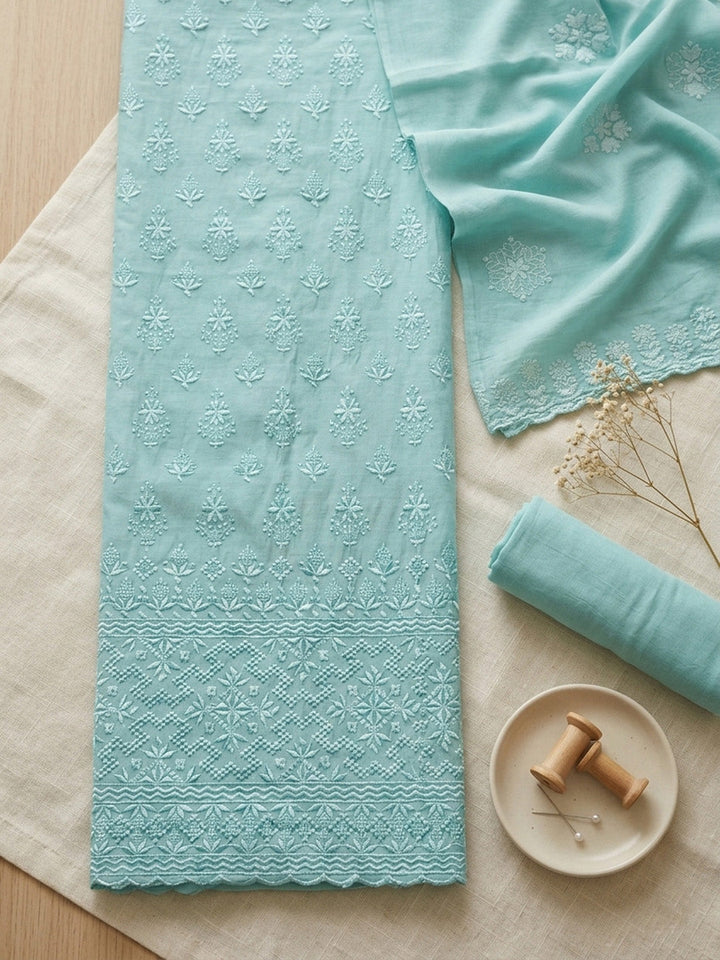 Embroidered Chanderi Unstitched Suit With Pant &amp; Dupatta