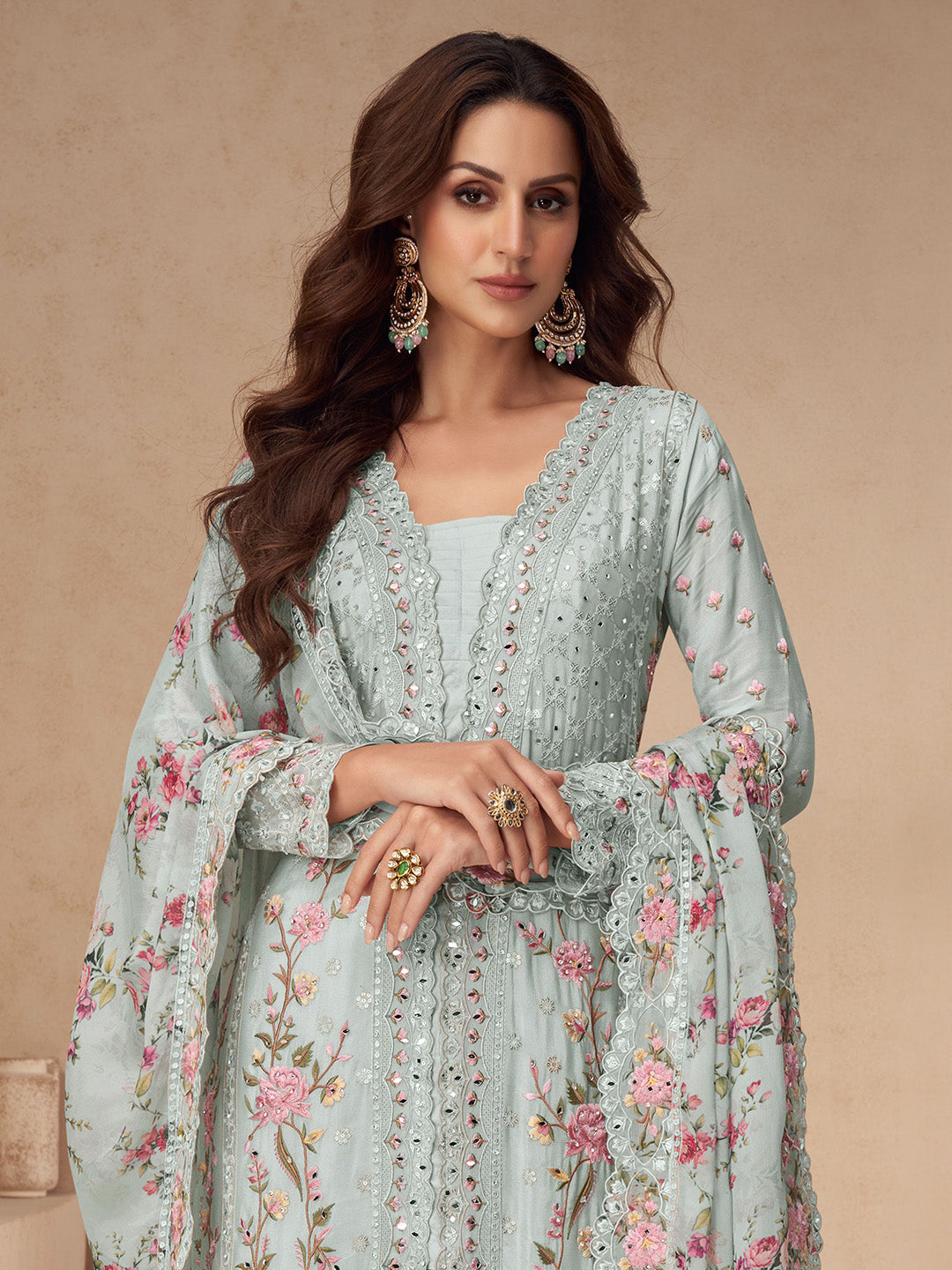 Embroidered Chinon Silk Kurta With Plazzo &amp; Dupatta