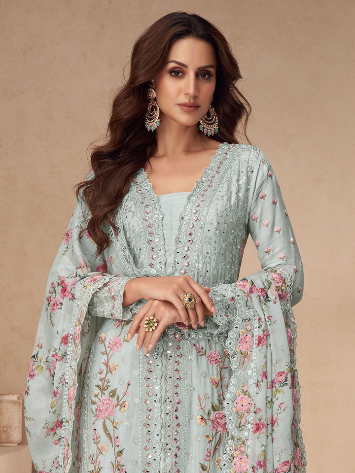 Embroidered Chinon Silk Kurta With Plazzo &amp; Dupatta