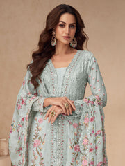 Embroidered Chinon Silk Kurta With Plazzo & Dupatta