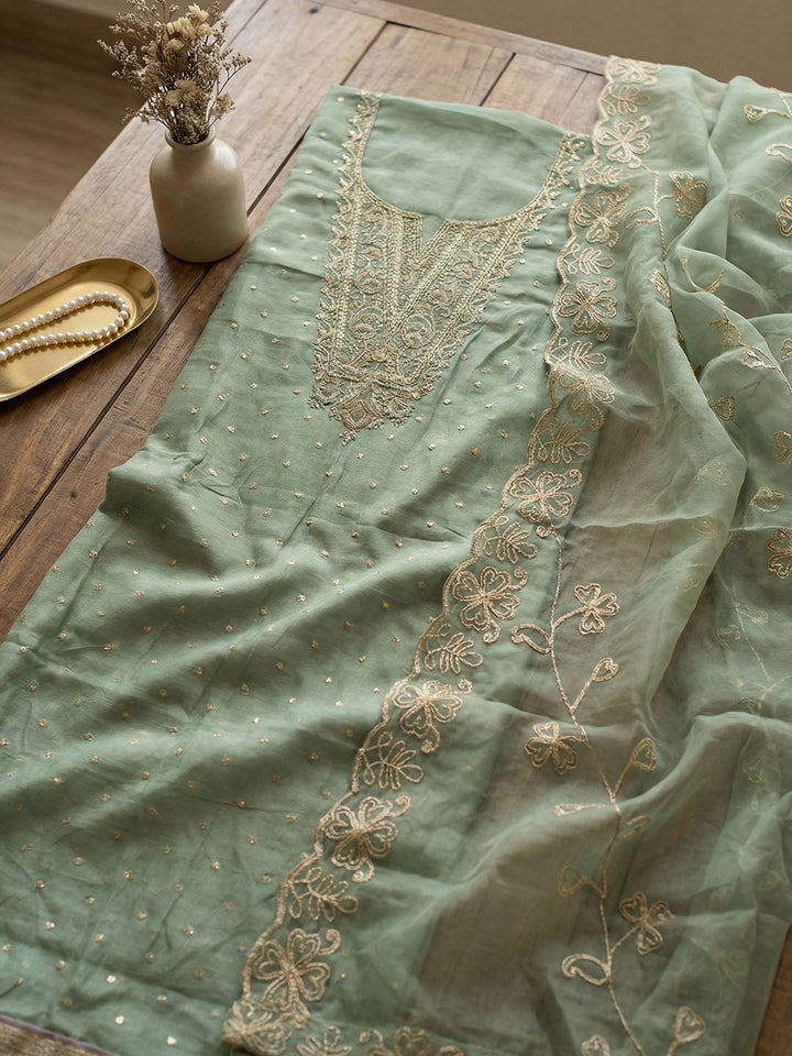 Embroidered Chanderi Unstitched Suit With Pant &amp; Dupatta