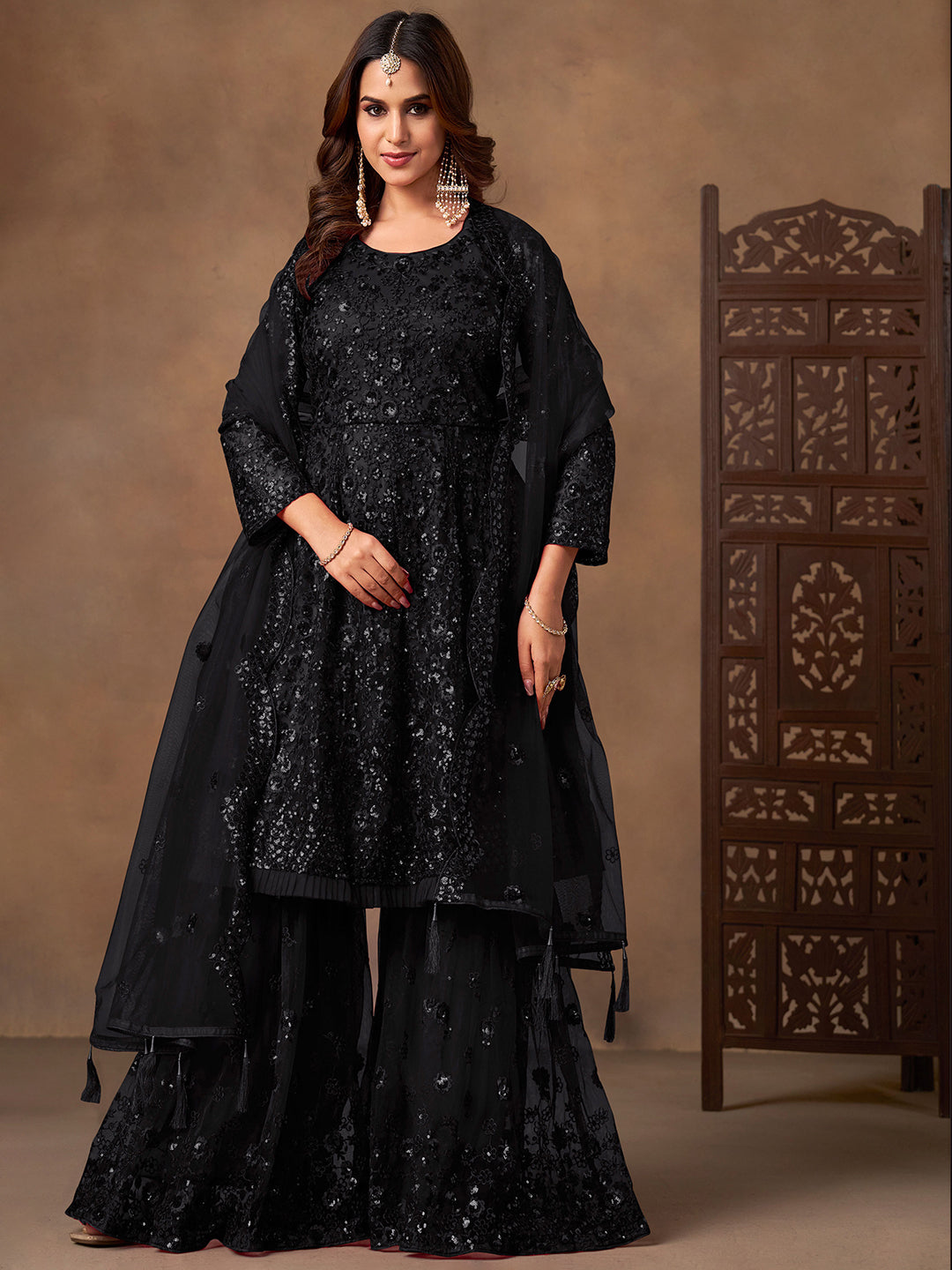 Embroidered Net Semi Stitched Kurta With Sharara &amp; Dupatta