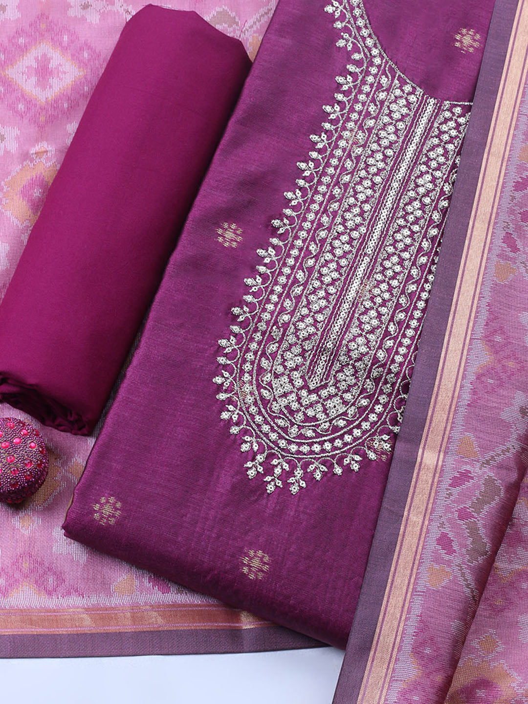 Embroidered Chanderi Unstitched Suit With Pant &amp; Dupatta
