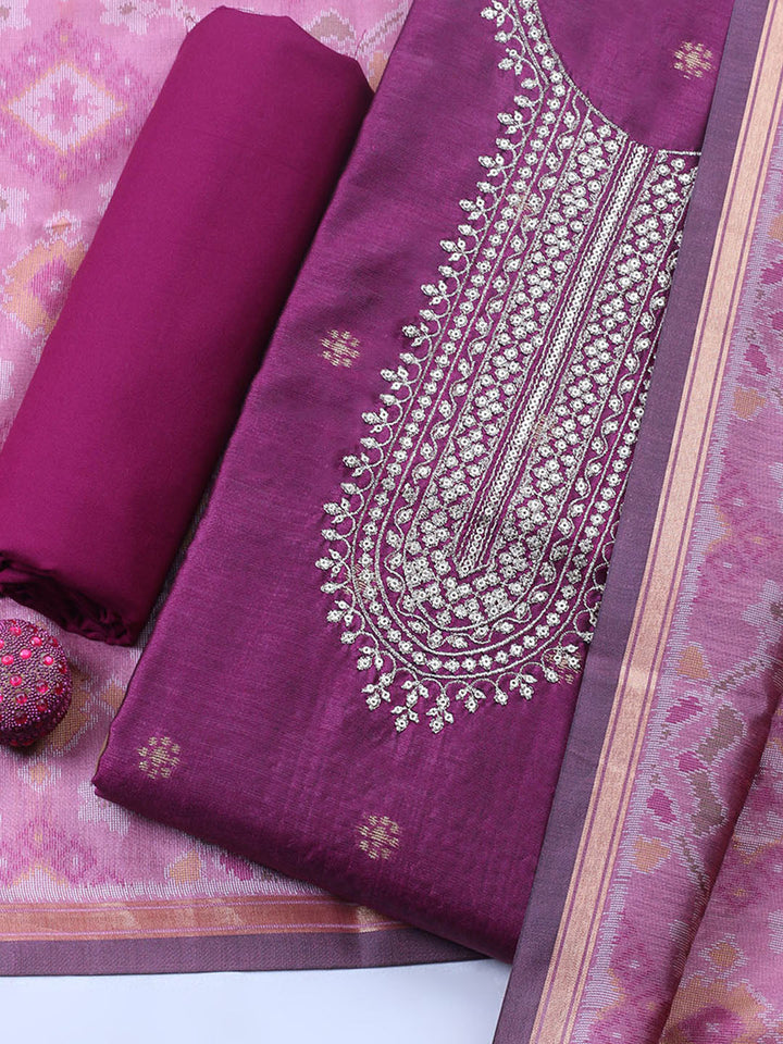Embroidered Chanderi Unstitched Suit With Pant &amp; Dupatta