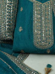 Embroidered Chinon Lake Blue Unstitched Suit With Pant & Dupatta