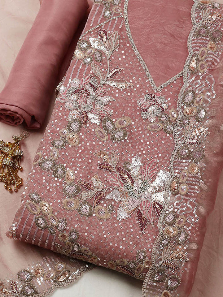 Embroidered Organza Unstitched Suit With Pant &amp; Dupatta