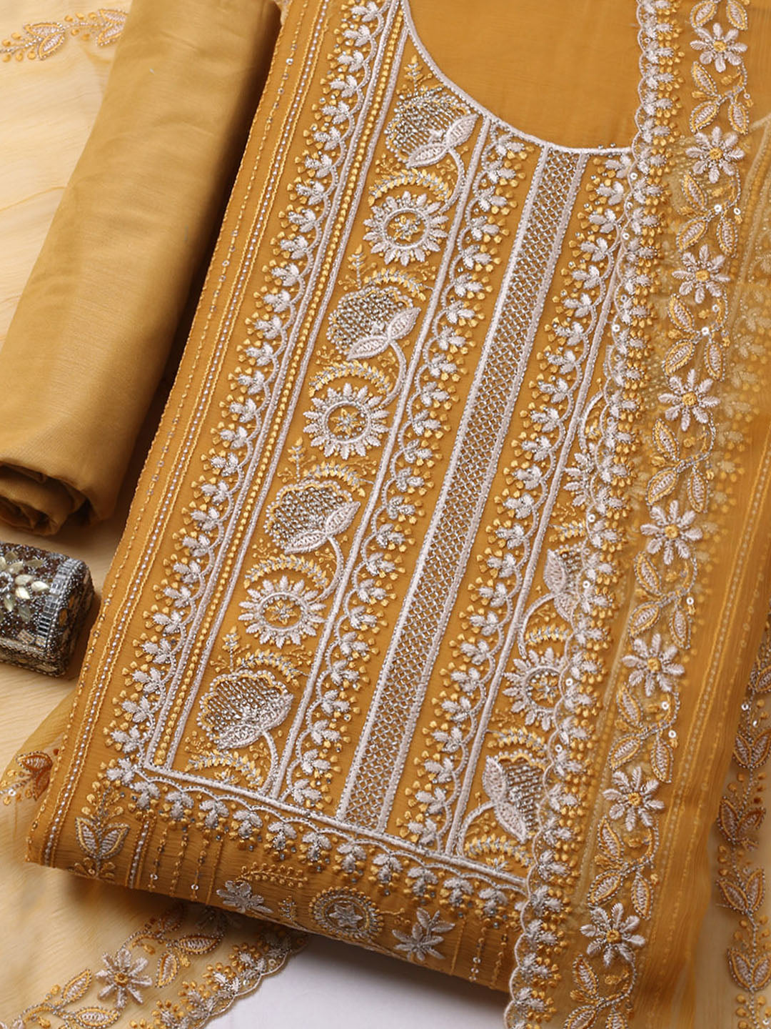 Embroidered Organza Unstitched Suit With Pant &amp; Dupatta