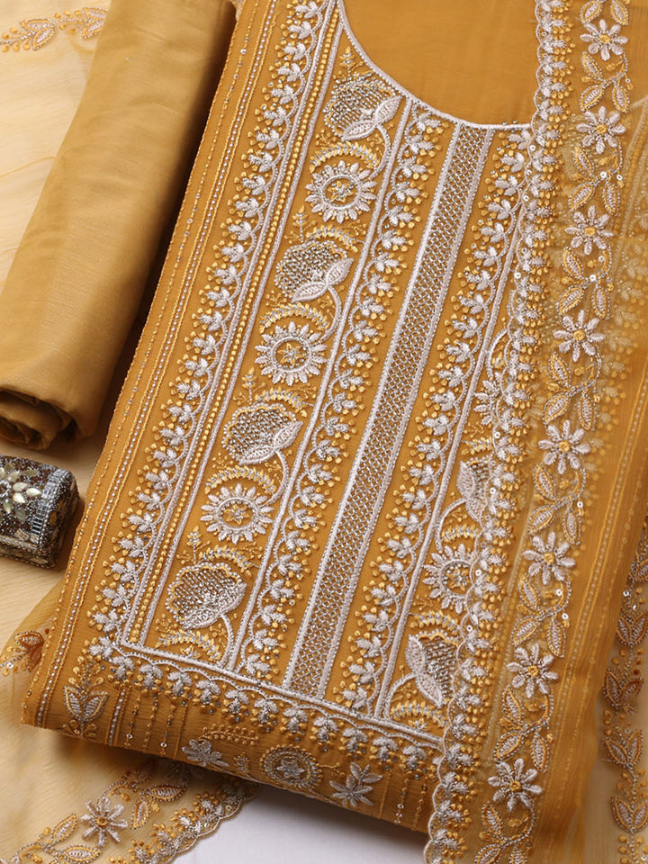 Embroidered Organza Unstitched Suit With Pant &amp; Dupatta