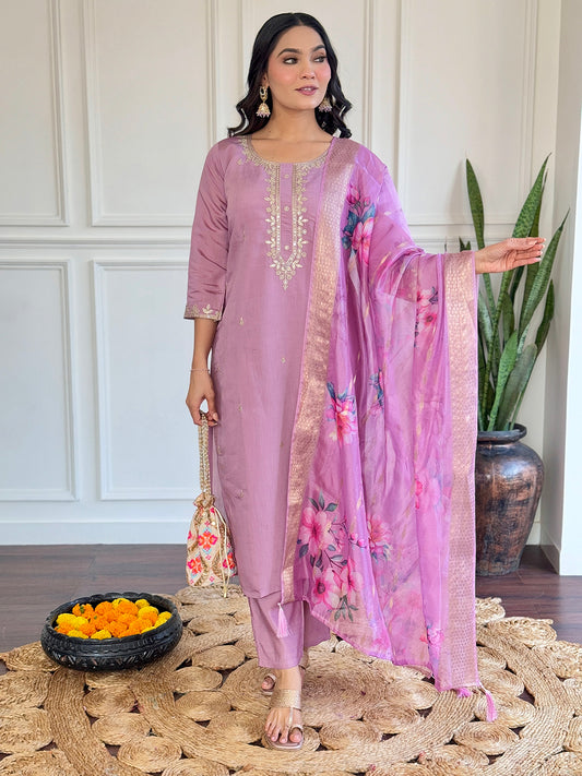 Neck Embroidery Cotton Blend Kurta With Pants & Dupatta