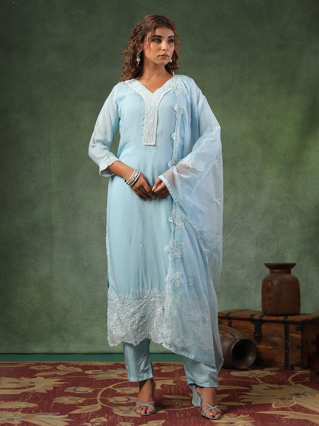 Blue Cotton Blend Embroidered Straight Suit Set