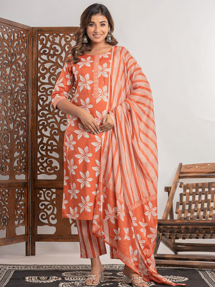 Brick Cotton Blend Printed Straight Suit Set