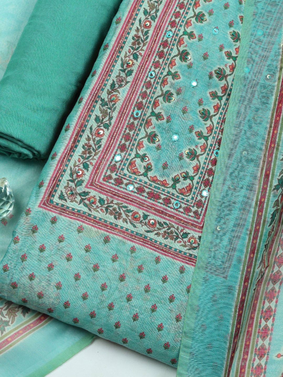 Embellished Chanderi Unstitched Suit With Pant &amp; Dupatta