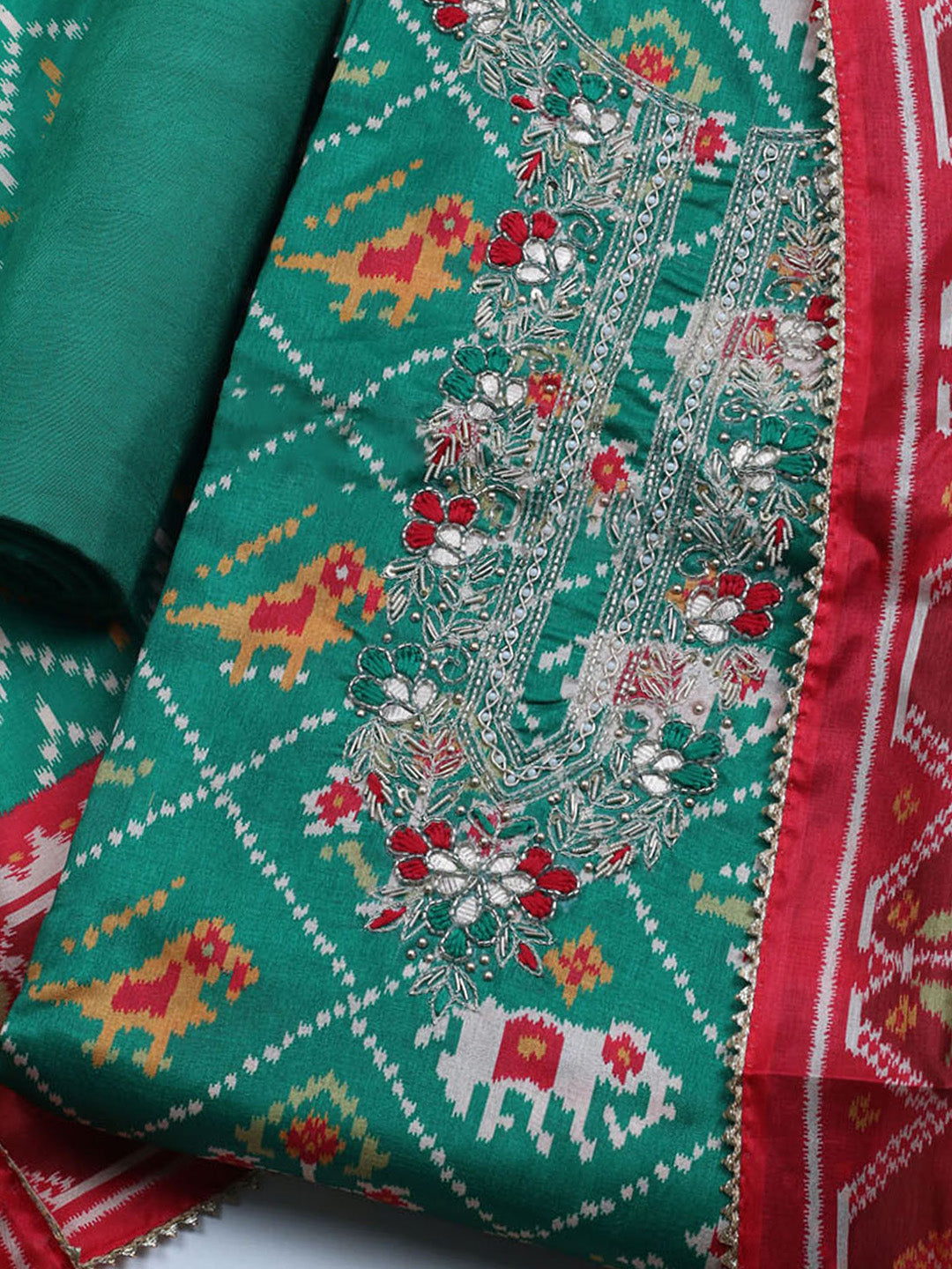 Patola Printed Tussar Unstitched Suit With Dupatta