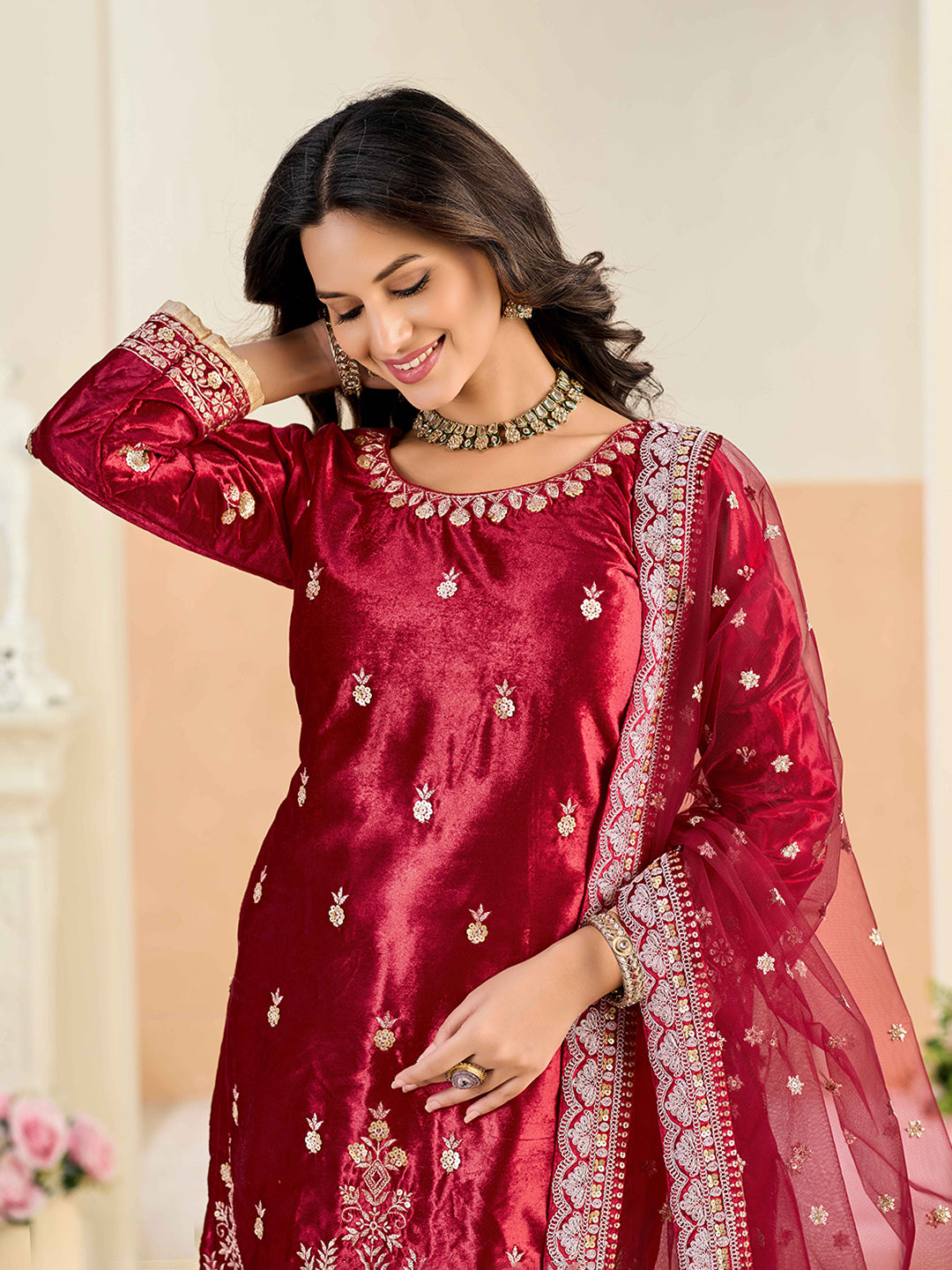 Embroidered Velvet Semi Stitched Kurta With Skirt &amp; Dupatta