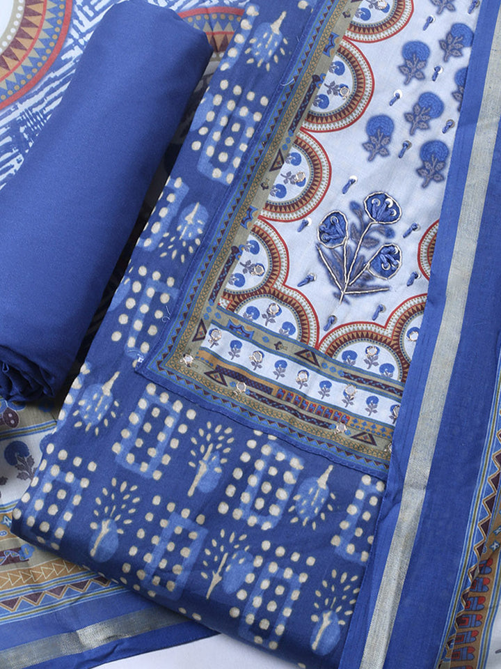 Embroidered Cotton Blend Unstitched Suit With Pant &amp; Dupatta