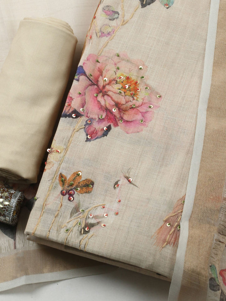 Printed Cotton Blend Unstitched Suit With Pant &amp; Dupatta