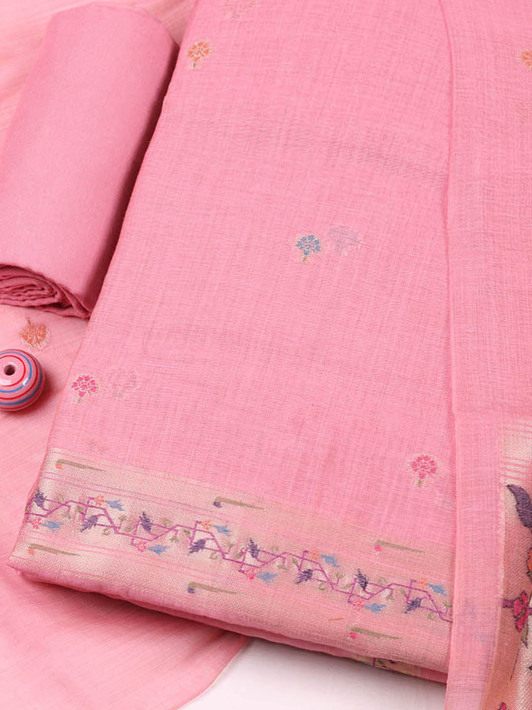 Embroidered Chanderi Unstitched Suit With Pant &amp; Dupatta