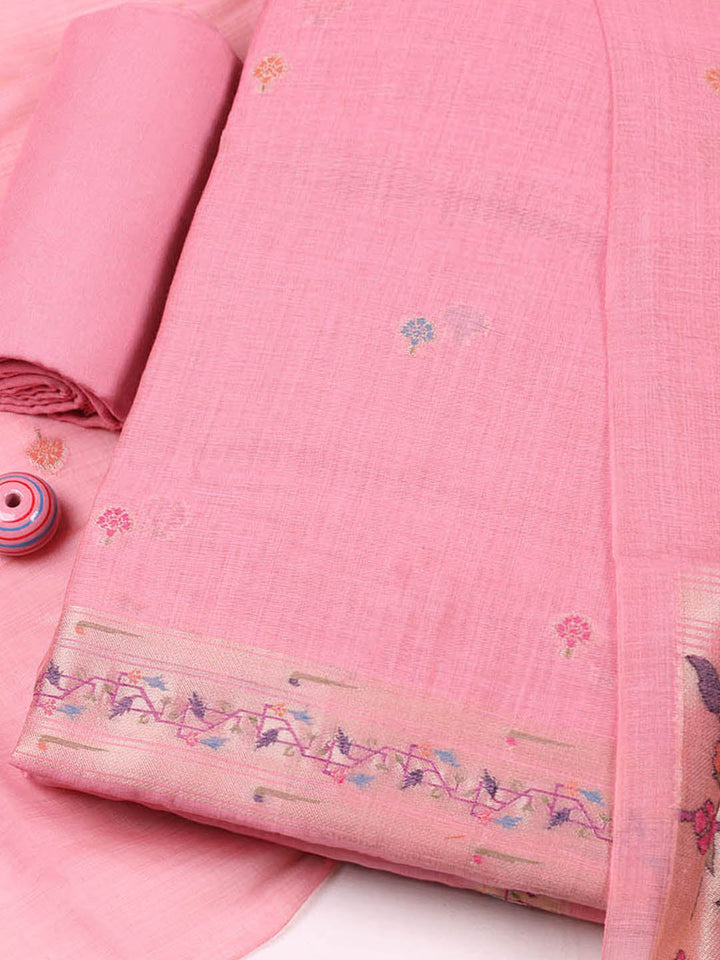 Embroidered Chanderi Unstitched Suit With Pant &amp; Dupatta