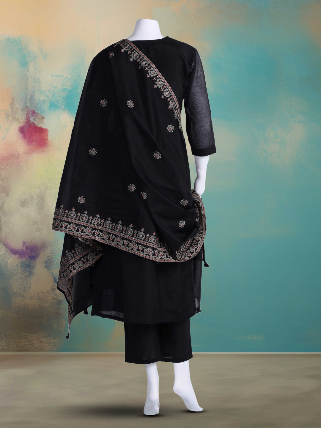Embroidered Chanderi Kurta With Pants &amp; Dupatta