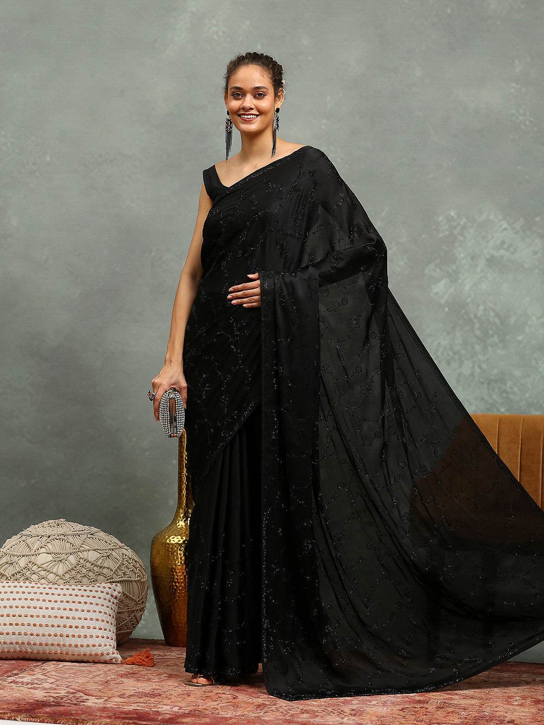 Stone Embroidered Satin Saree