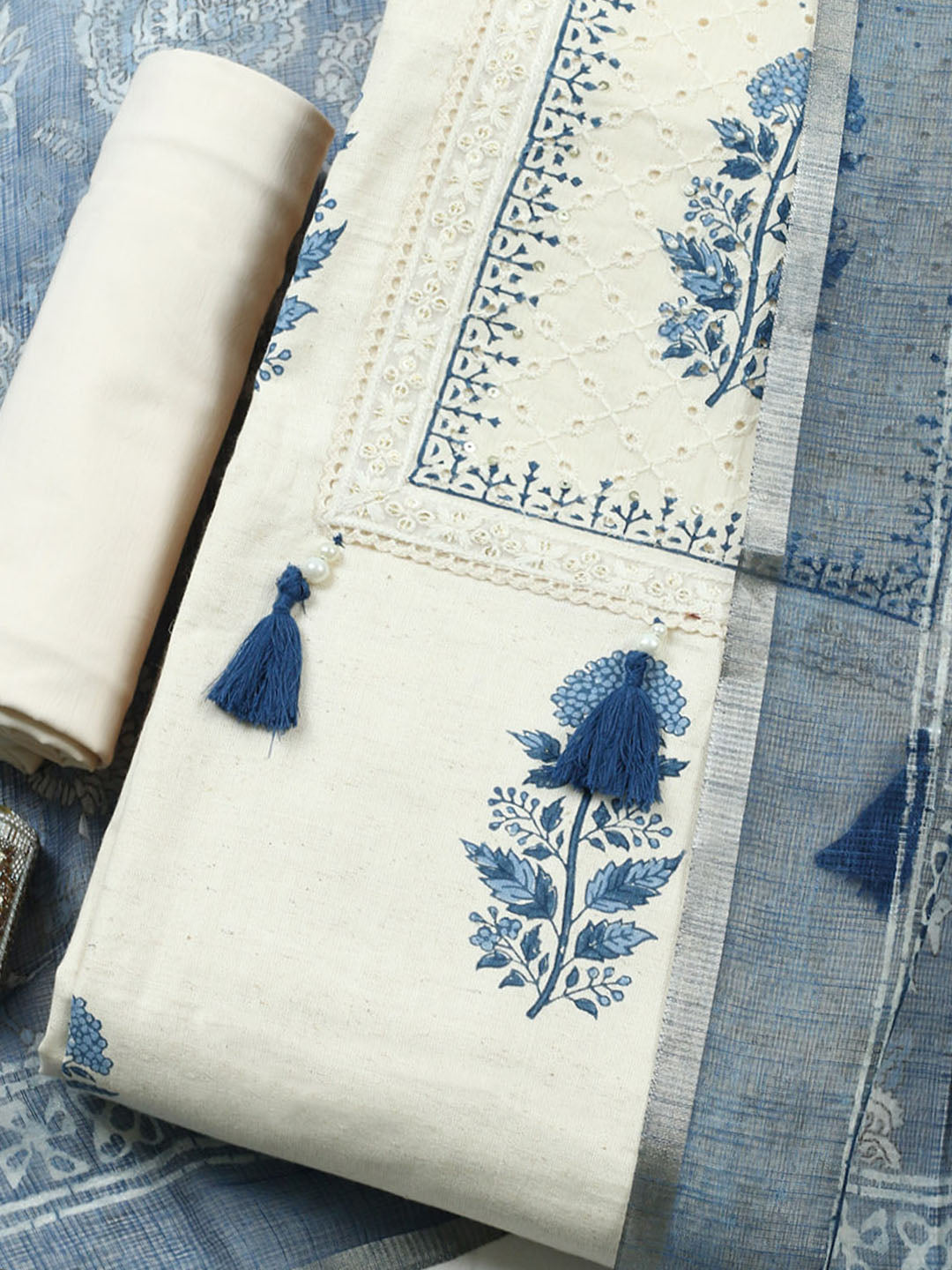 Printed Cotton Blend Unstitched Suit With Pant Dupatta