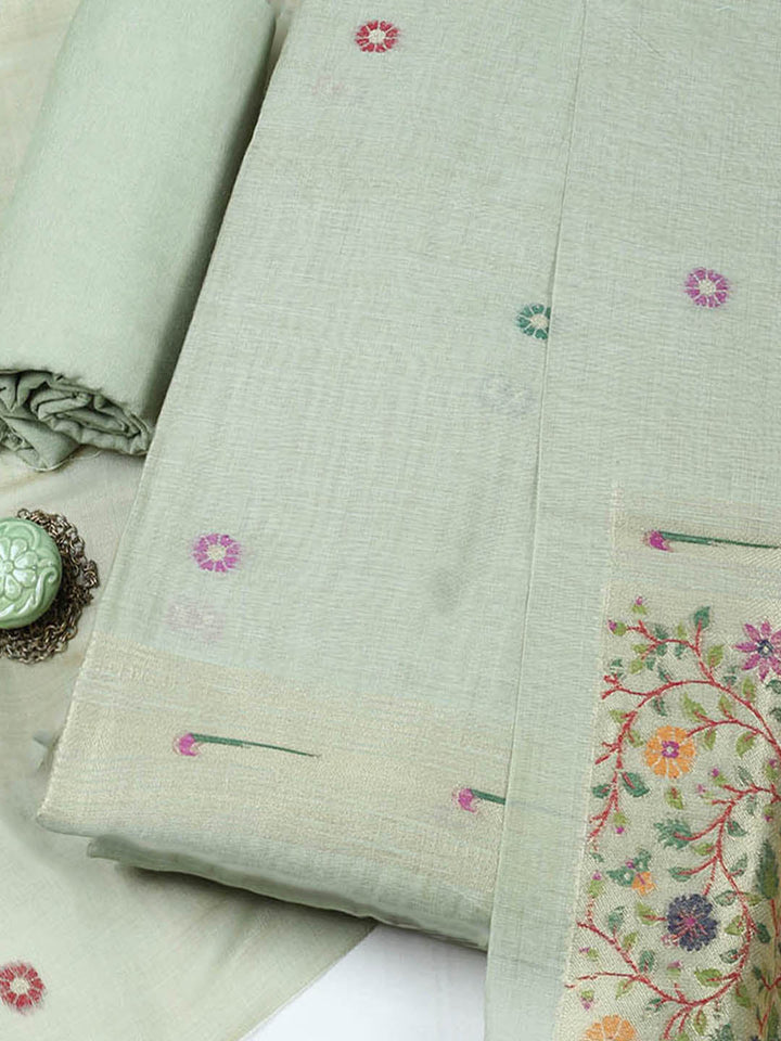Embroidered Chanderi Unstitched Suit With Pant &amp; Dupatta