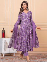 Printed Cotton Blend Kurta With Pants & Dupatta