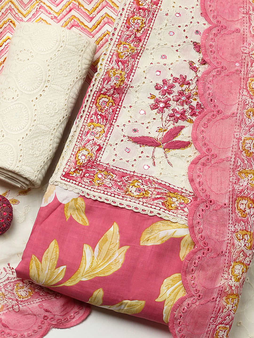 Printed Cotton Blend Unstitched Suit With Pant &amp; Dupatta