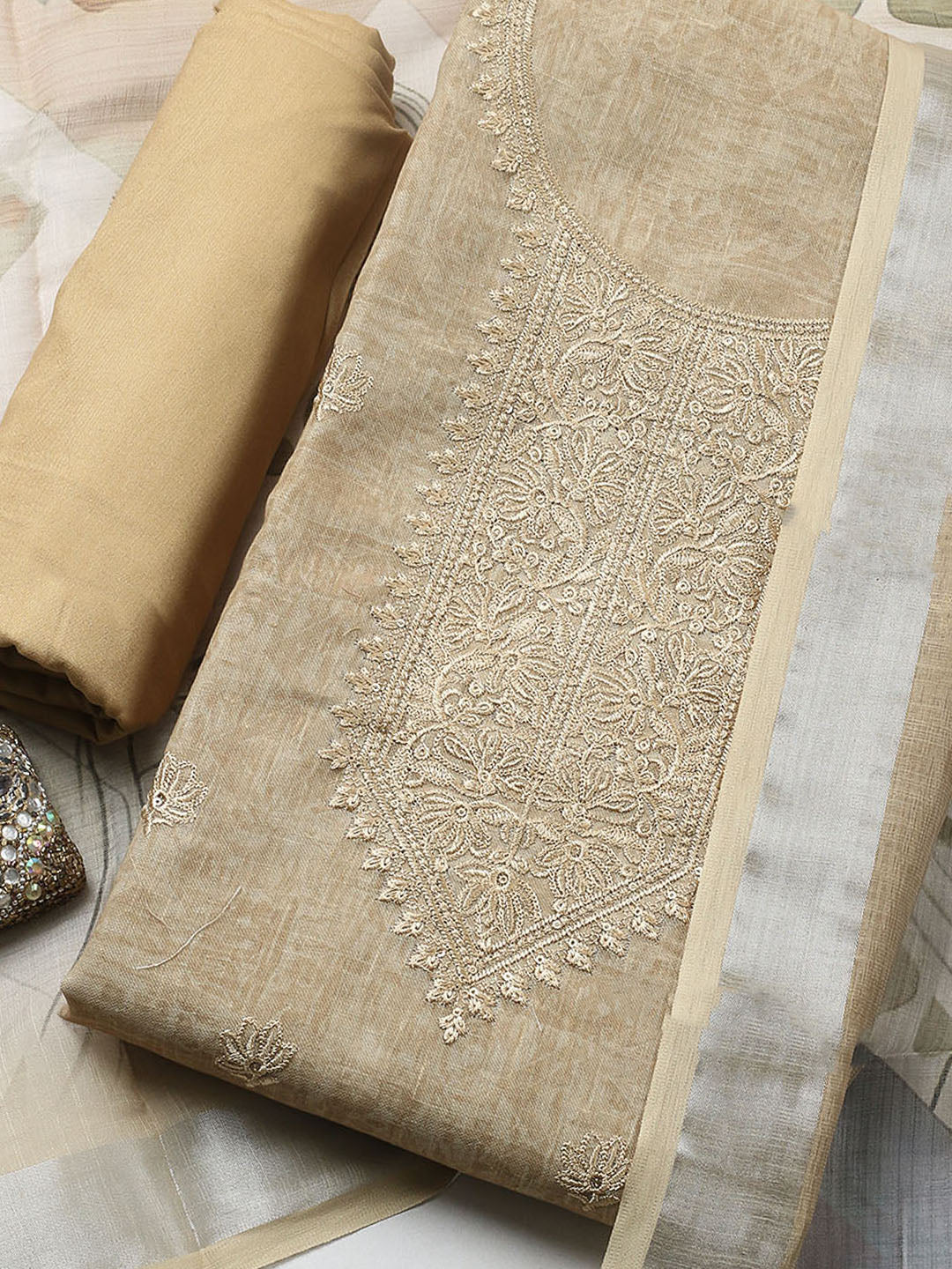 Embroidered Linen Blend UnstitchedSuit With Pant &amp; Dupatta