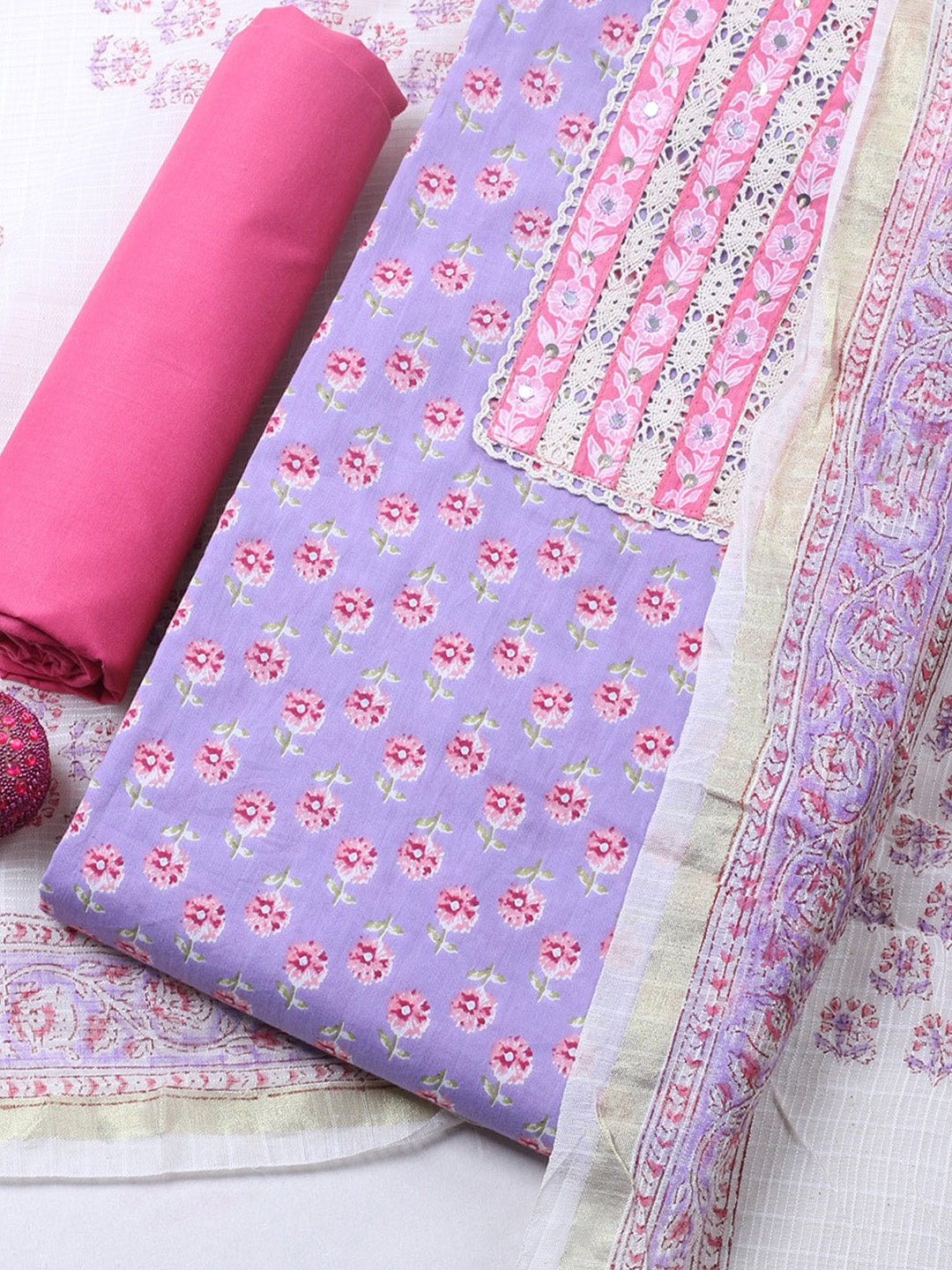 Printed Cotton Blend Unstitched Suit With Pant &amp; Dupatta