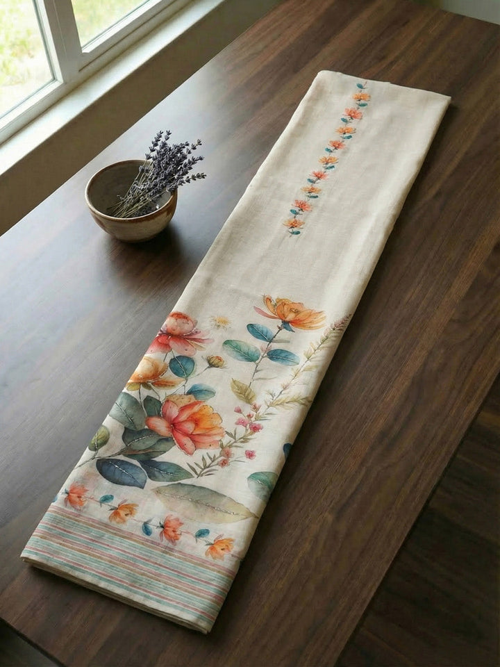 Printed Linen Blend Unstitched Suit With Pant &amp; Dupatta