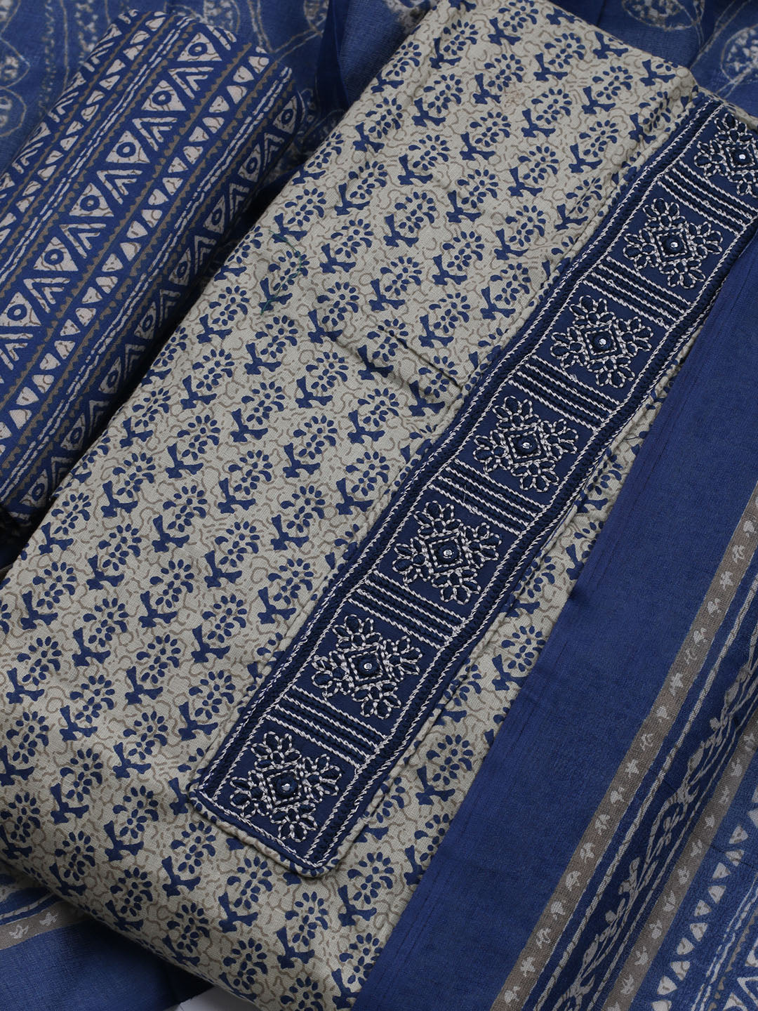 Patch Neck Cotton Blend Unstitched Suit With Dupatta