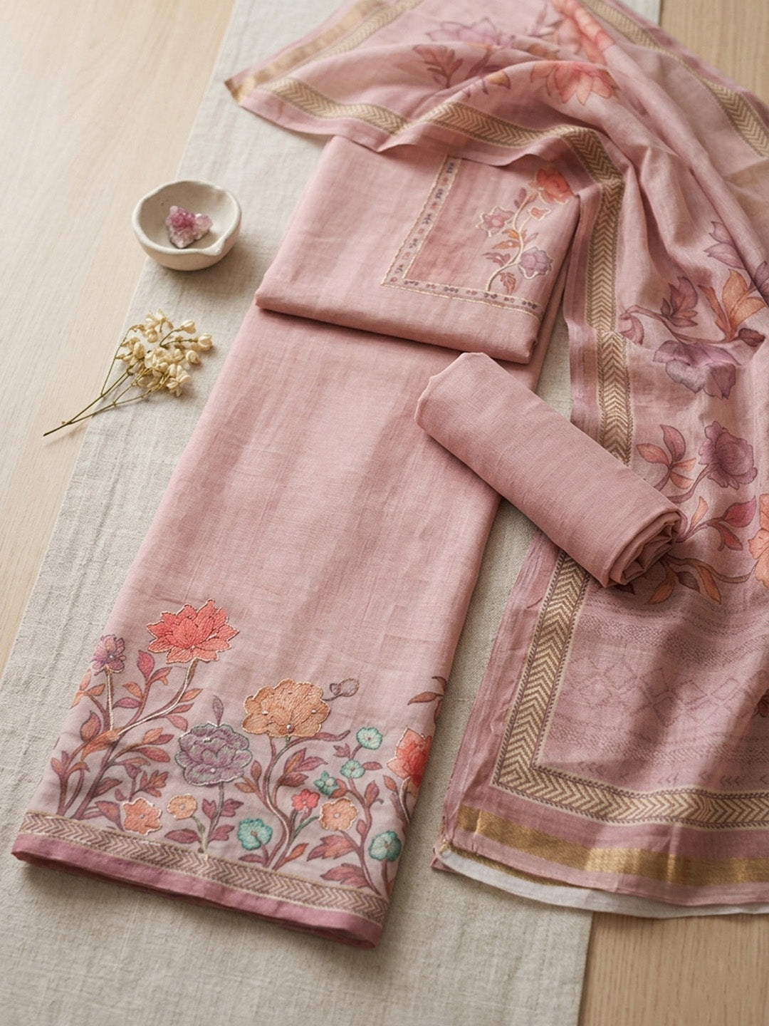 Embroidered Linen Blend Unstitched Suit With Pant &amp; Dupatta