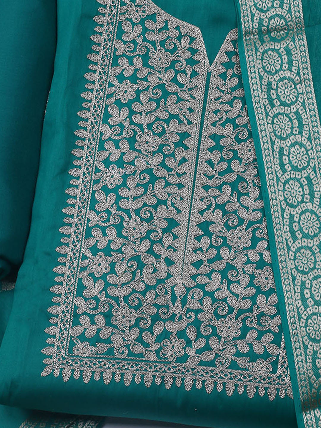 Neck Embroidered Chanderi Unstitched Suit With Dupatta