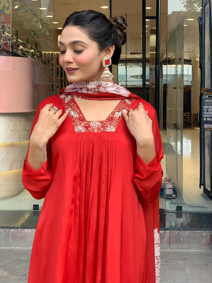 Printed Embroidery Cotton Blend Kurta With Pants &amp; Dupatta