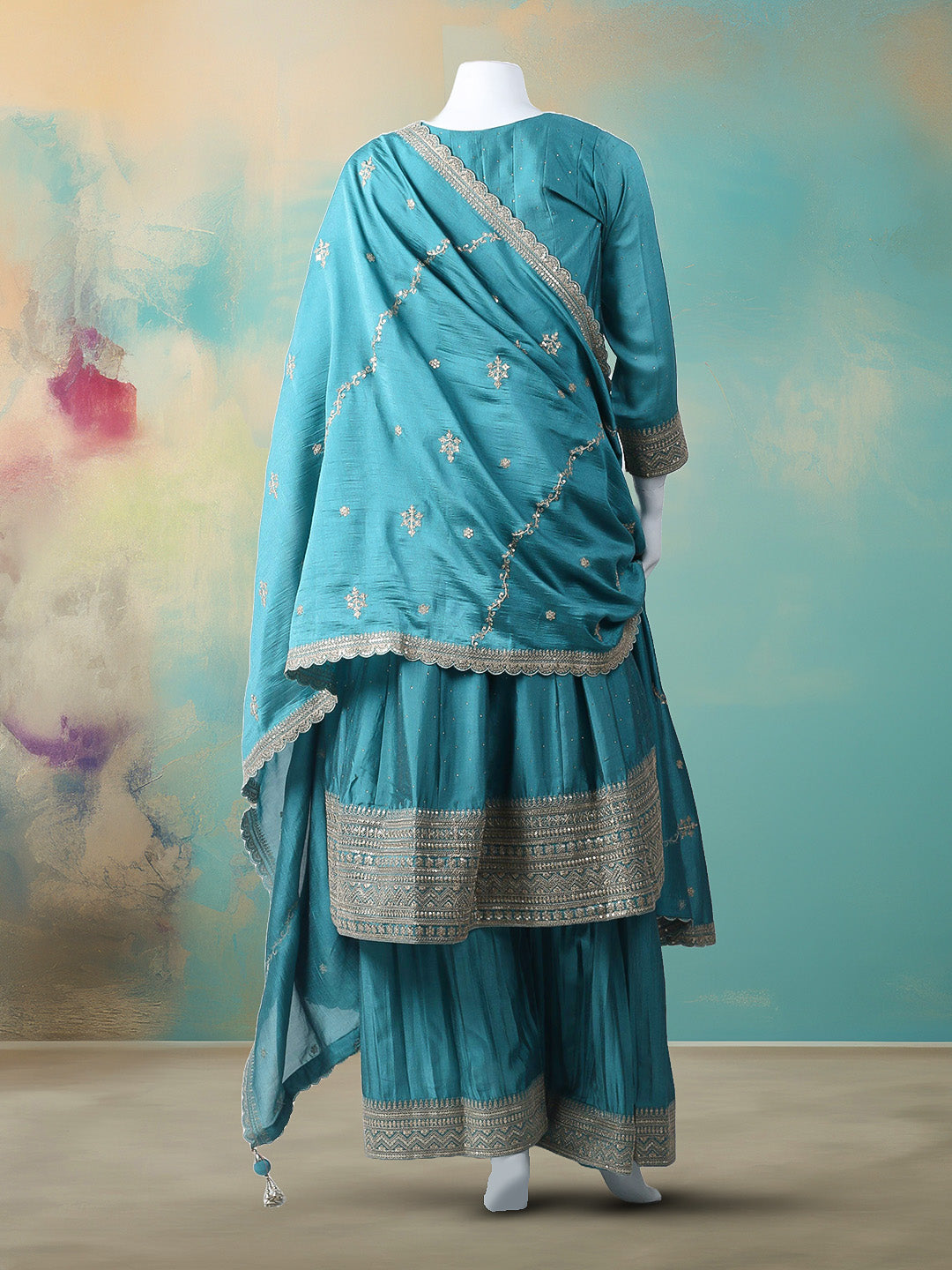 Embroidered Art Silk Stitched Kurta With Pant &amp; Dupatta