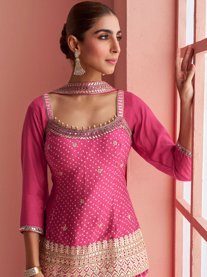 Embroidered Chinon Kurti With Gharara &amp; Dupatta