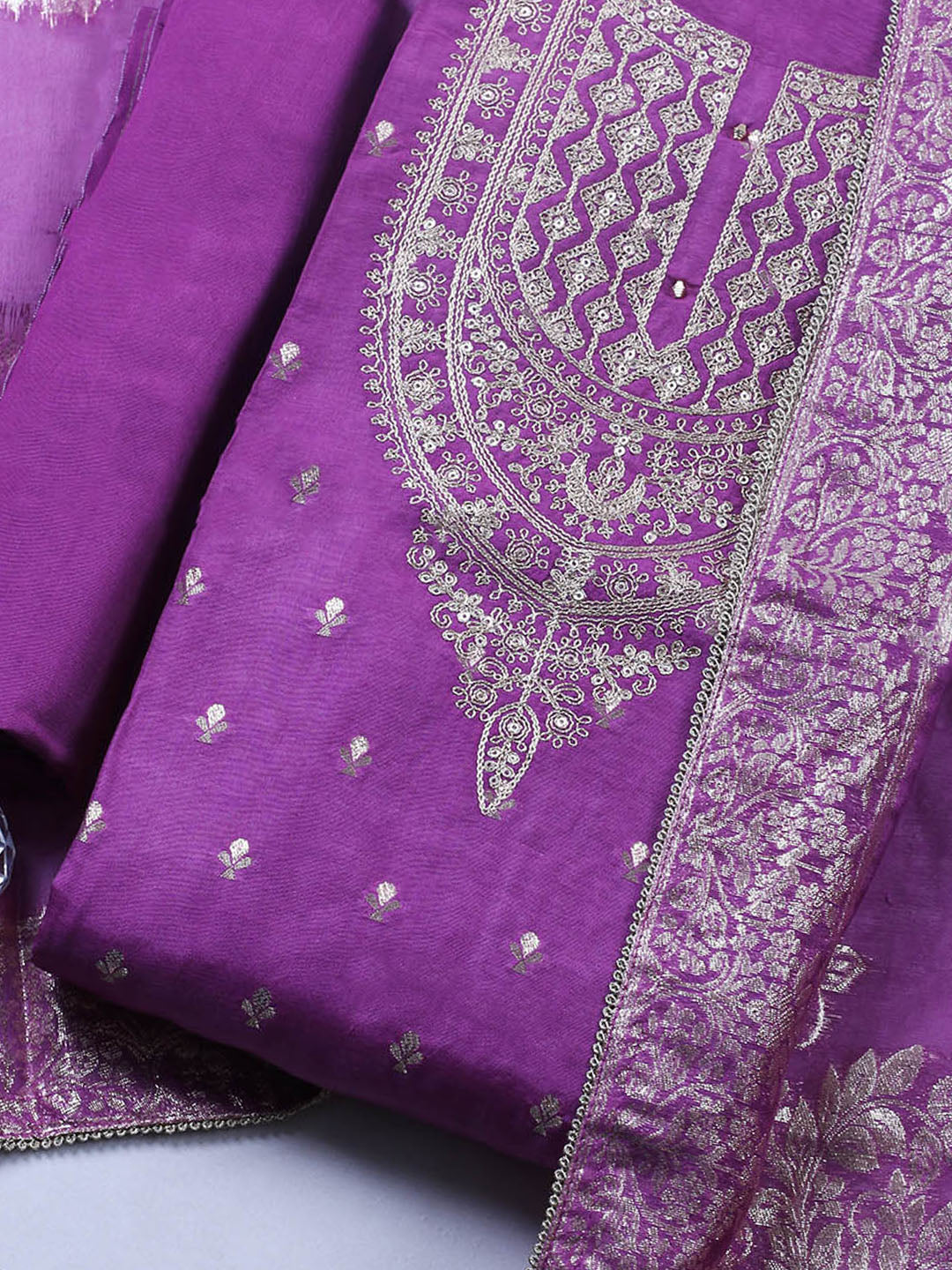 Embroidered Chanderi Unstitched Suit With Pant &amp; Dupatta