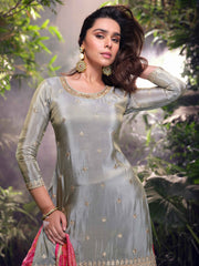 Embroidered Chinon Suit With Plazzo & Dupatta