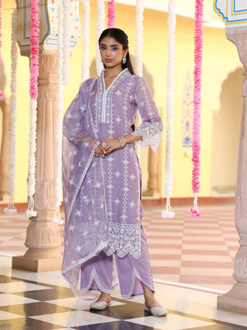 Embroidered Organza Kurta With Pants & Dupatta