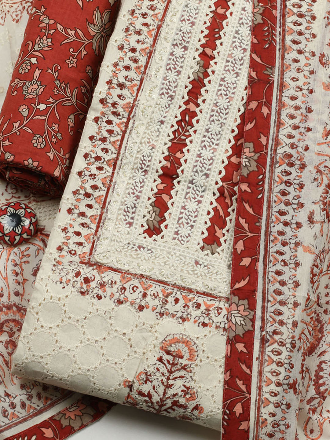 Printed Cotton Blend Unstitched Suit With Pant &amp; Dupatta