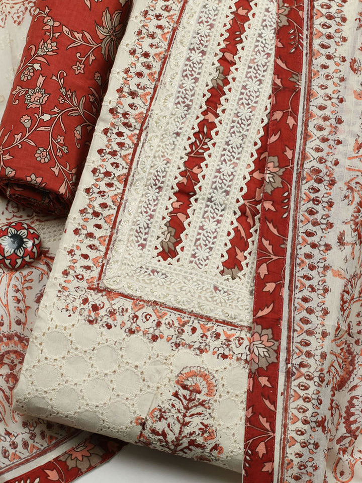 Printed Cotton Blend Unstitched Suit With Pant &amp; Dupatta