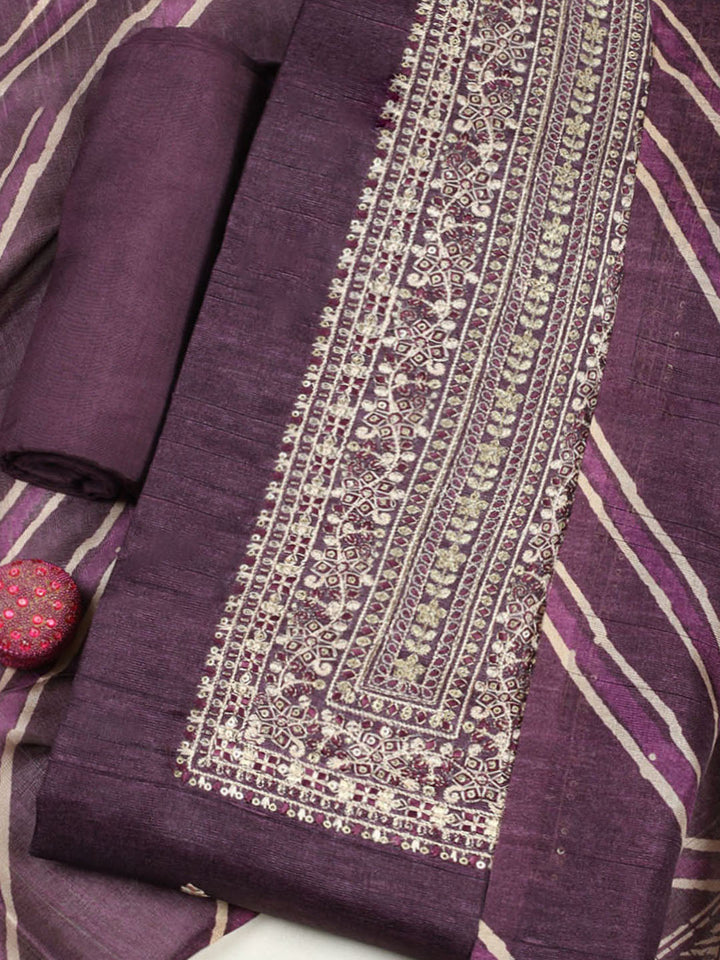 Embroidered Chanderi Unstitched Suit With Pant &amp; Dupatta